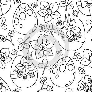 Coloring book. Vector seamless pattern, Easter eggs and spring flowers